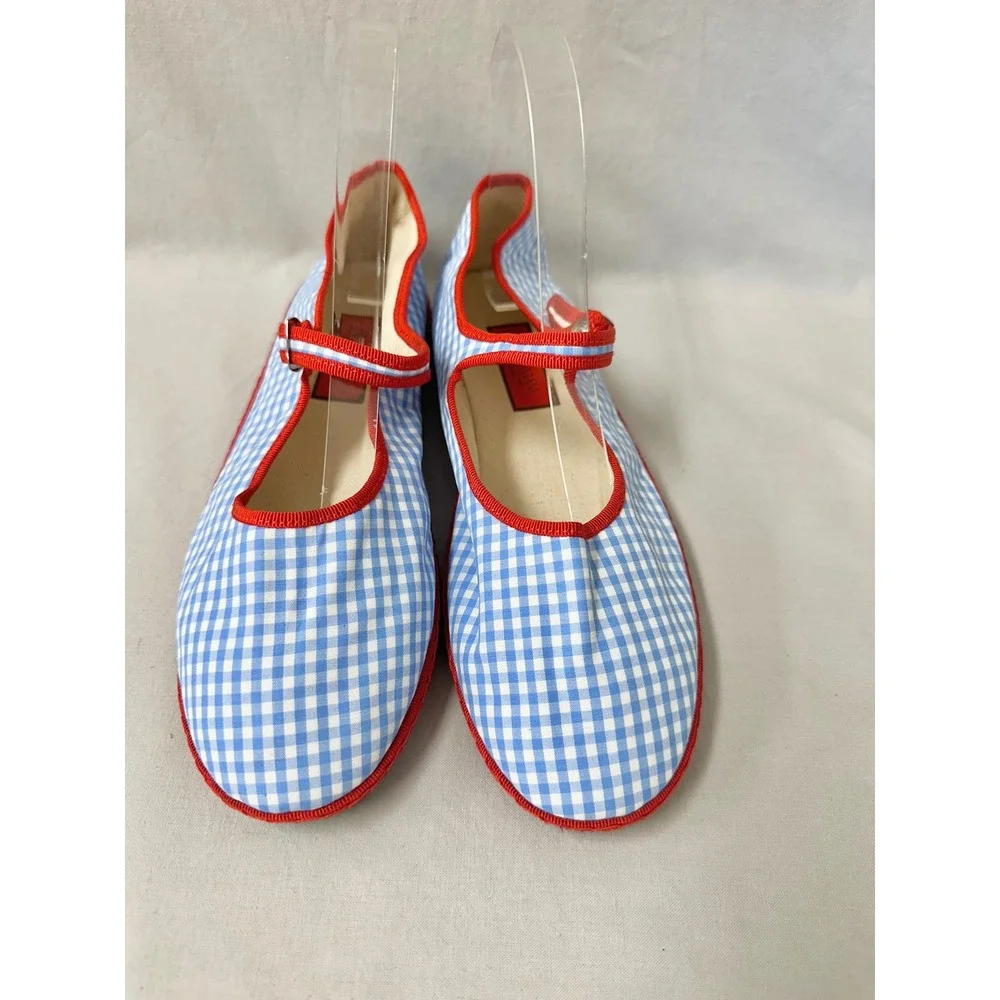 Via I Lilly Sisto Florence Mary Jane Cotton Gingham Blue Red Flats Euro 40 Italy
